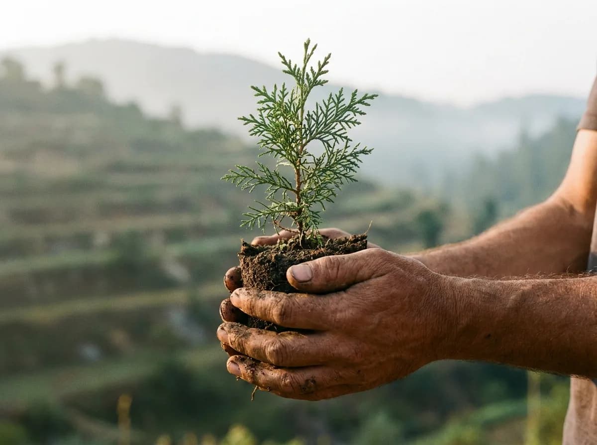 Hands holding a young cedar sapling with soil around its roots
