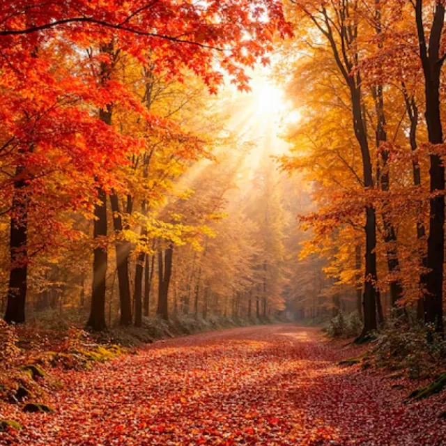 Low sun breaking through a forest of red and orange autumn leaves.